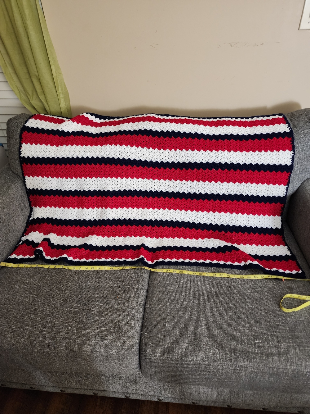 Striped Red, White & Navy Crochet Throw Blanket